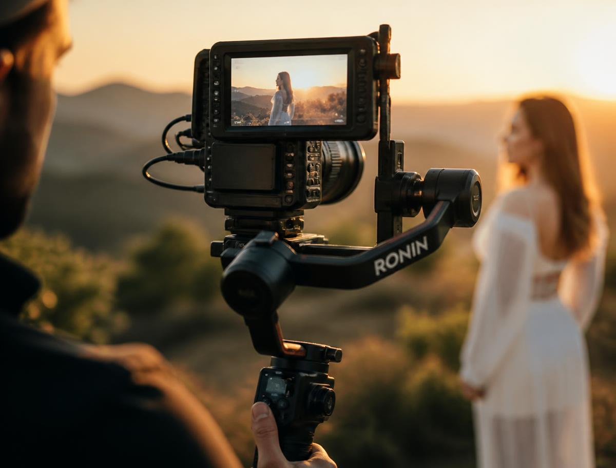 Camera op gimbal tijdens een video-opname in gouden uur